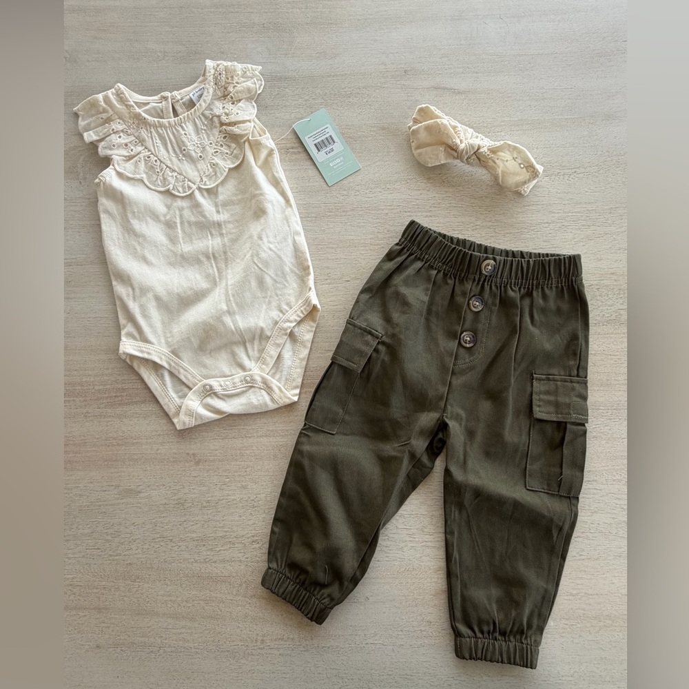 Petit Lem Cream Ruffle Onesie with Green Cargo Pants & Cream Headband, 12 Months